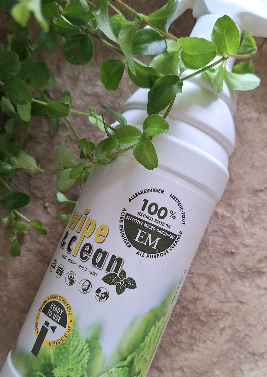 Wipe & Clean-fles naast groene planten